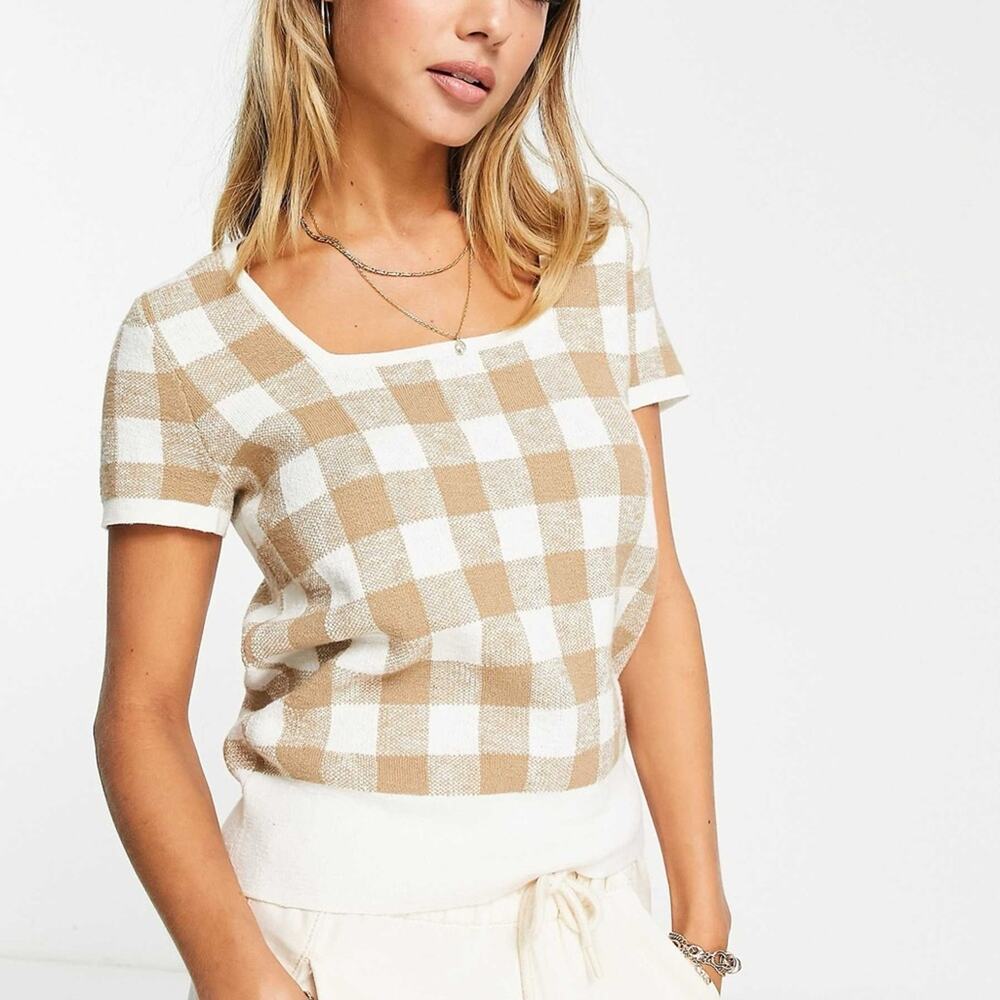 Madewell NWT Square-Neck Sweater in tan white Gingham Size Medium